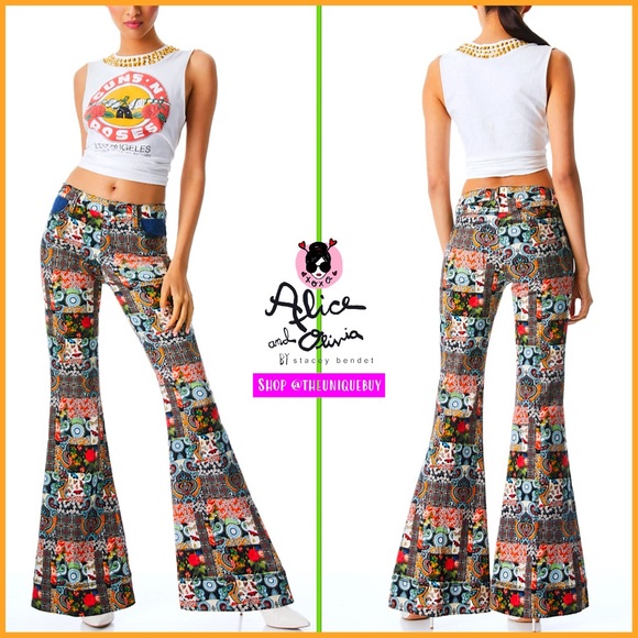 Alice + Olivia Beautiful Patchwork Mid Rise Denim Floral Flared Bell Jeans Pant - Picture 6 of 17